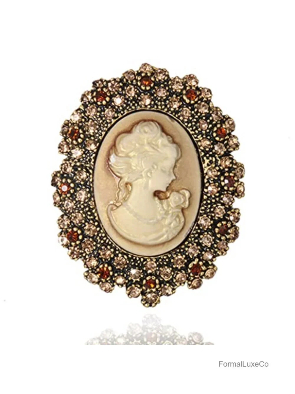 Victorian Cameo Brooch Pin Vintage Gold Tone Crystal Rhinestones for Women Coat